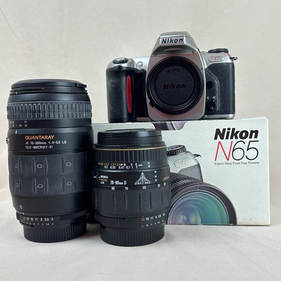 Nikon N65 35mm SLR Film Camera Bundle w/ 2 Quantaray Lenses 28-90mm 70-300mm - Picture 1 of 12